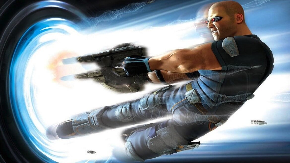 Captura de tela do jogo TimeSplitters, exibindo uma intensa batalha de ficção científica em primeira pessoa com gráficos atualizados.